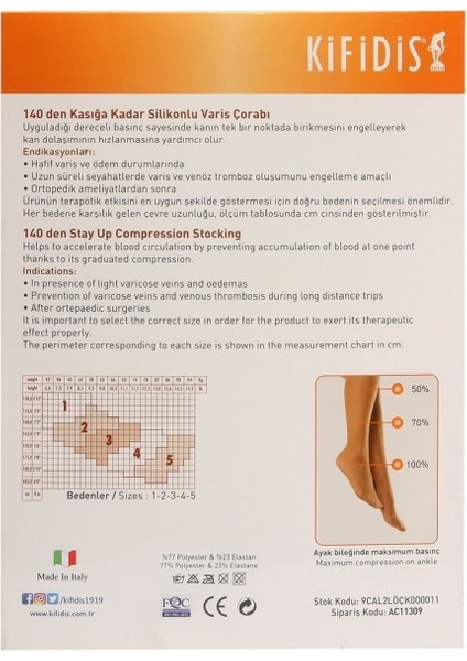 Kifidis 140 18-20 Mmhg Kasığa Kadar Çorap Açık Ten 5 Beden
