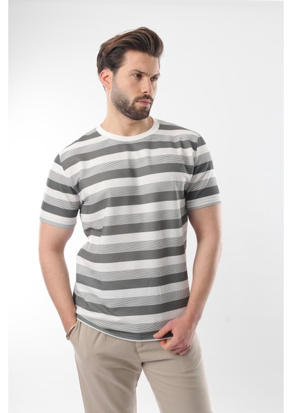 Haki Bisiklet Yaka Çizgili Erkek T-Shirt E7118 modelleri