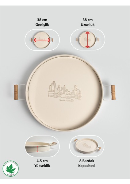 37CM Ahşap Kulplu Krem Metal Tepsi Yuvarlak Çay Tepsisi Sunum Tepsisi Tahta Kulplu (Kaktüs Baskılı) fırsatları