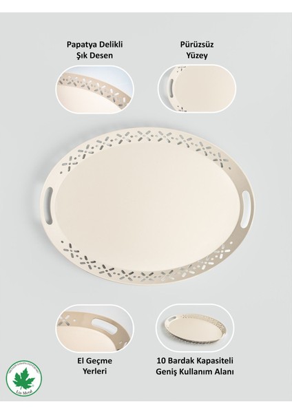 Lalin Tepsi Metal Oval Servis Tepsisi , Romantik Tepsi, Büyük Tepsi, Çay Kahve Tepsisi Krem indirimleri