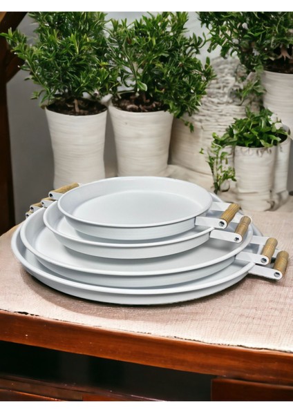 Metal 4 Lü (51 37 45 30 Cm) Beyaz Ahşap Kulplu Yuvarlak Tepsi Seti, Kahvaltı Tepsisi 4lüset fiyatları