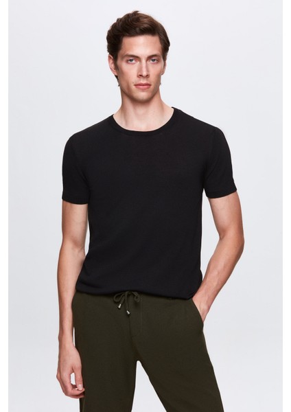 Slim Fit Siyah Rayon Örme T-Shirt