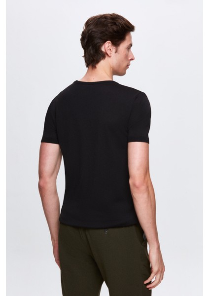 Slim Fit Siyah Rayon Örme T-Shirt
