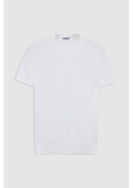 Slim Fit Ekru Rayon Örme T-Shirt