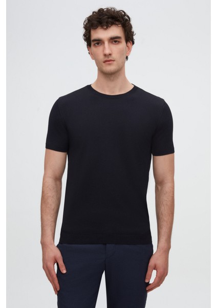 Slim Fit Lacivert Rayon Örme T-Shirt