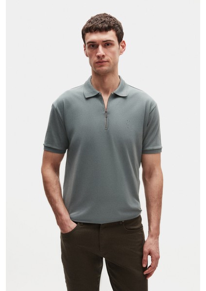 Slim Fit Koyu Yosun Düz T-Shirt