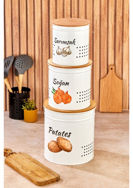 3 Katlı Ahşap Kapaklı Metal Patates Soğan Kovası - Sebzelik - Patates Soğanlık Sepeti Krem