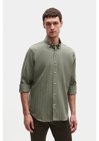 Ds Damat Regular Fit Haki Çizgili Gömlek