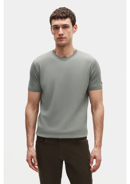 Slim Fit Koyu Yosun Rayon Örme T-Shirt