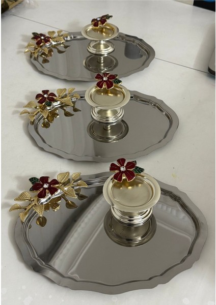 Çelik Oval 3 Adet Kırmızı Çiçekli Sunum Tepsisi ve Gümüş Makaronluk Kırmızı Çiçekli