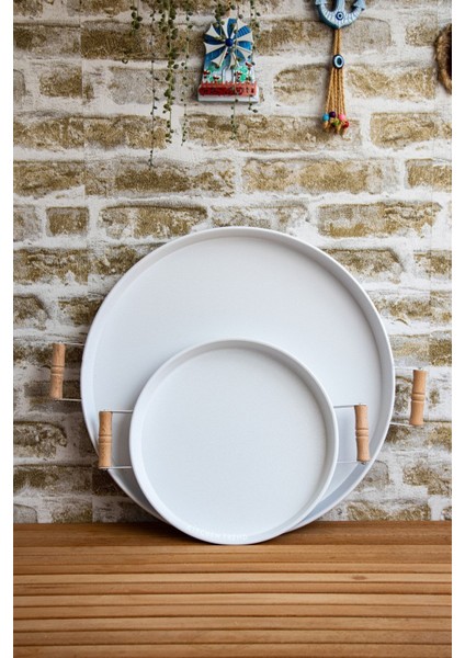 2'li Ahşap Kulplu 45 cm Metal Tepsi ve 30 cm Beyaz Tepsi Çay Kahve Sunum Tepsisi