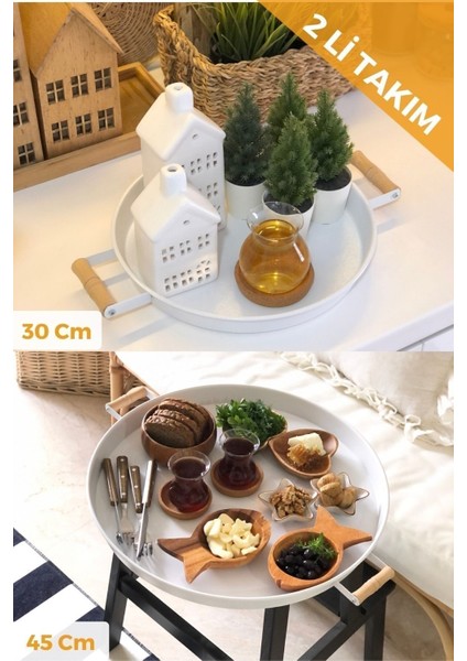 2'li Ahşap Kulplu 45 cm Metal Tepsi ve 30 cm Beyaz Tepsi Çay Kahve Sunum Tepsisi fiyatları
