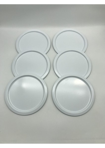 6'lı Metal Yuvarlak Çay, Kahve, Pasta Servis Tepsisi Dekoratif Sunum Tepsisi Beyaz 24 cm