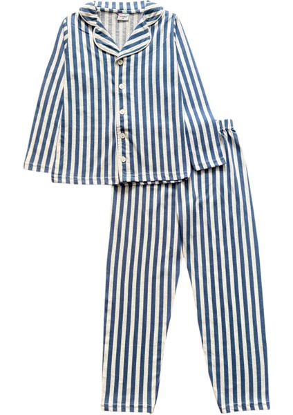 Erkek Çocuk %100 Pamuklu Mavi Beyaz Çizgili Gömlek Yaka Boydan Düğmeli Uzun Kollu Pijama Takımı