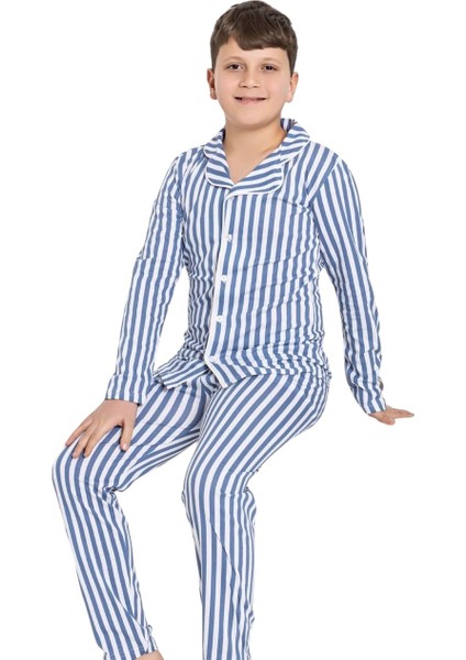 Erkek Çocuk %100 Pamuklu Mavi Beyaz Çizgili Gömlek Yaka Boydan Düğmeli Uzun Kollu Pijama Takımı fiyatları