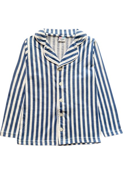 Erkek Çocuk %100 Pamuklu Mavi Beyaz Çizgili Gömlek Yaka Boydan Düğmeli Uzun Kollu Pijama Takımı modelleri