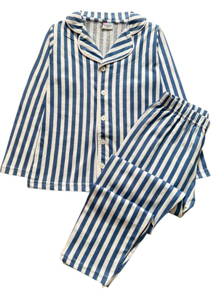 Erkek Çocuk %100 Pamuklu Mavi Beyaz Çizgili Gömlek Yaka Boydan Düğmeli Uzun Kollu Pijama Takımı fırsatları