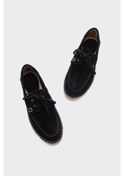 Mako Siyah Deri Süet Kadın Espadril Makosen