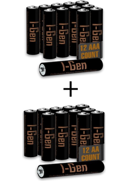 I-Gen A174 24'lü Paket Ultra Alkalin Pil 12 Adet LR03 1.5V AAA İnce Kalem Pil + 12 Adet LR6 1.5V AA Kalem Pil