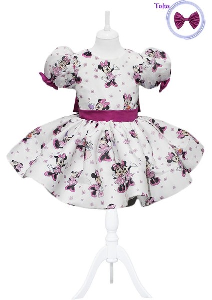 Minnie Mouse Kabarık Balon Kollu Organze Abiye - Minnie Kız Çocuk Elbise - Çocuk Abiye Çocuk Elbise