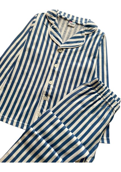 Erkek Çocuk %100 Pamuklu Mavi Beyaz Çizgili Gömlek Yaka Boydan Düğmeli Uzun Kollu Pijama Takımı indirimleri