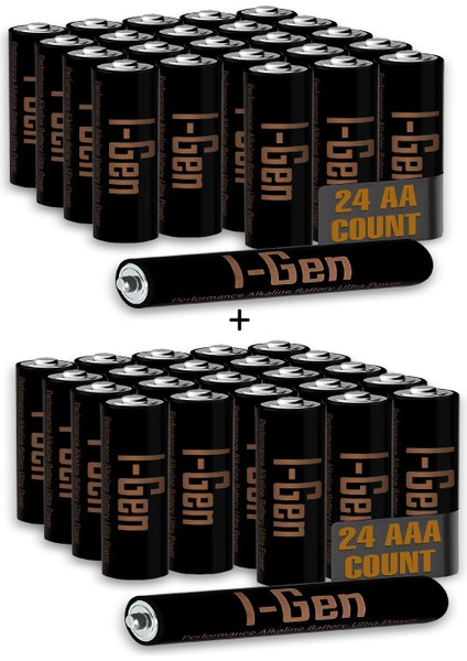 I-Gen A175 48'li Paket Ultra Alkalin Pil 24 Adet LR03 1.5V AAA İnce Kalem Pil + 24 Adet LR6 1.5V AA Kalem Pil