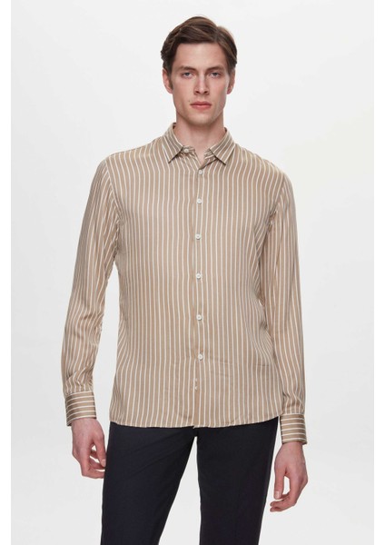 Slim Fit Bej Çizgili Viskon Gömlek fiyatları