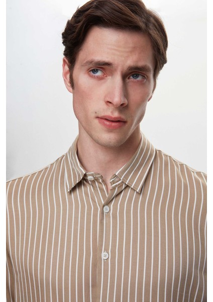 Slim Fit Bej Çizgili Viskon Gömlek modelleri