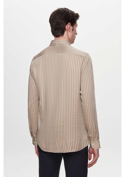 Slim Fit Bej Çizgili Viskon Gömlek fırsatları