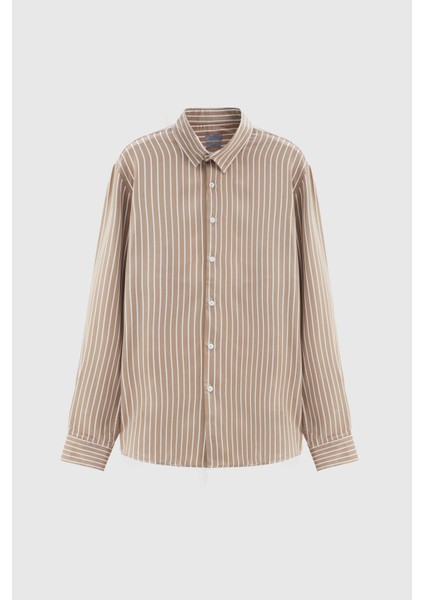 Slim Fit Bej Çizgili Viskon Gömlek indirimleri