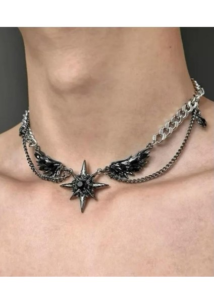 Yıldızlı Kanatlı Funky Kolye ve Taşlı Kolye