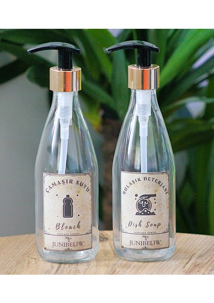 2li Set Cam Şişe Vintage Boş Suya Dayanıklı Etiket Cam Şişe Bulaşık Deterjanlık Çamaşır Suyu 2X330ML