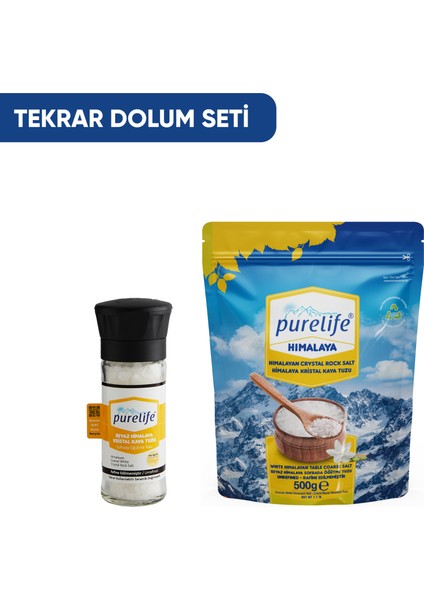 Himalaya Tuzu - SET - Granül Kristal Kaya Tuzu Beyaz 500g + Seramik Değirmenli 120g