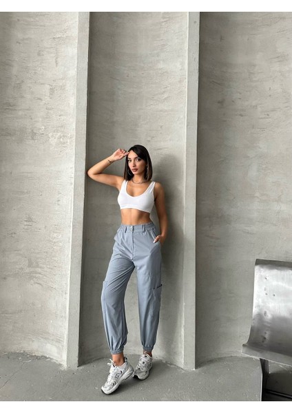 Çift Düğmeli Yüksel Bel Kadın Jogger Pantolon