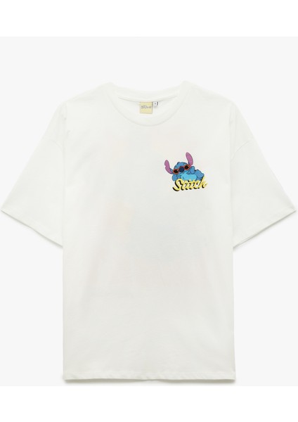 Stitch Lisanslı Arkası Baskılı Kısa Kollu Bisiklet Yaka Pamuklu Oversize Tişört