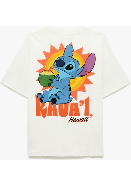 Stitch Lisanslı Arkası Baskılı Kısa Kollu Bisiklet Yaka Pamuklu Oversize Tişört