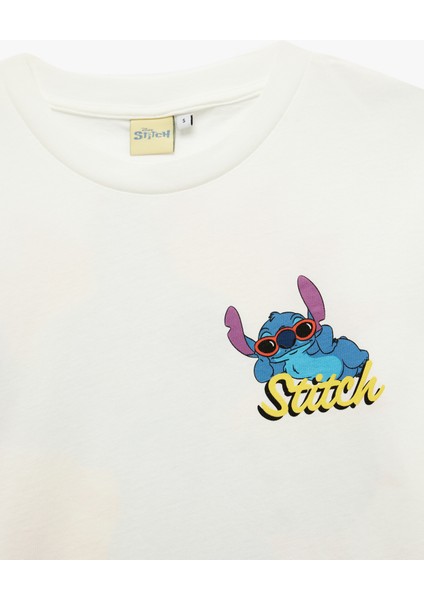 Stitch Lisanslı Arkası Baskılı Kısa Kollu Bisiklet Yaka Pamuklu Oversize Tişört