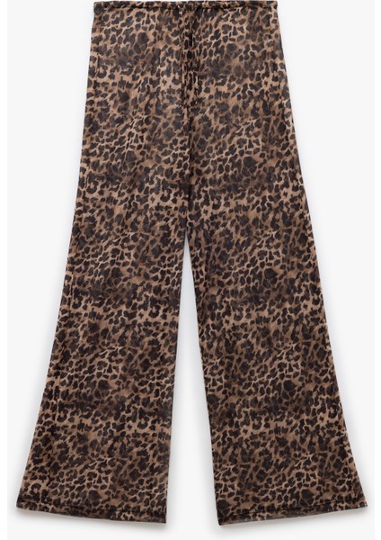 Transparan Tül Bol Paça Leopar Desenli Pareo Pantolon