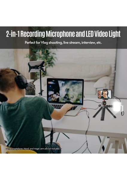 2'li Kayıt Mikrofonu LED Video Işığı Kompakt Şarj Edilebilir Iki Renkli 3200K-5600K (Yurt Dışından)