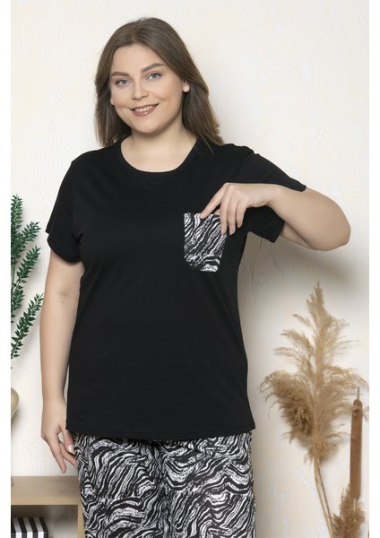 Büyük Beden Siyah Renkli Zebra Desenli Kısa Kollu Battal Pijama Takımı B-12