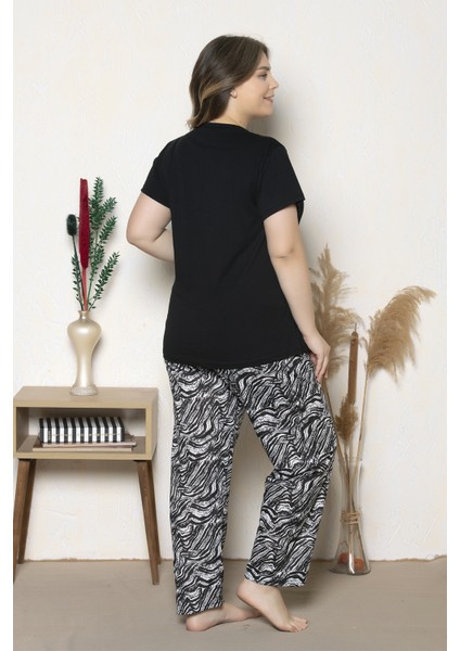 Büyük Beden Siyah Renkli Zebra Desenli Kısa Kollu Battal Pijama Takımı B-12 fırsatları