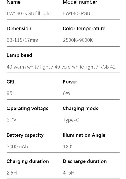 LW140RGB Mini LED Fotoğrafik Ilkeme Işığı 2500K - 9000K Parlaklık Ayarlı 26 Özel Efekt Modu (Yurt Dışından) fiyatları