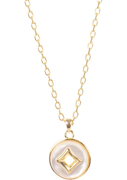 Beyaz Mineli Gold Detaylı Gümüş Kolye NUR-KL00301