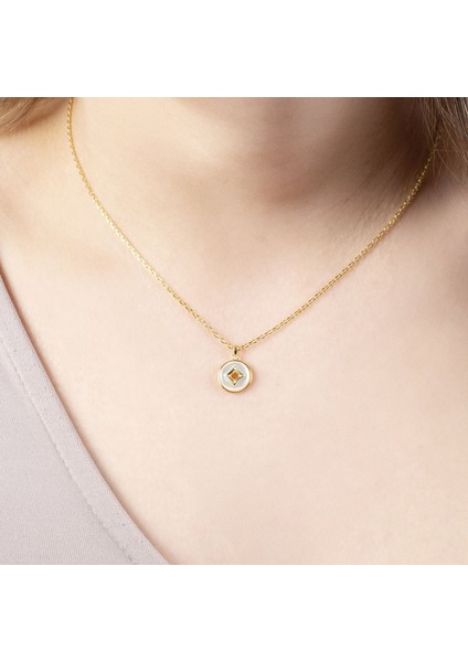 Beyaz Mineli Gold Detaylı Gümüş Kolye NUR-KL00301 fiyatları