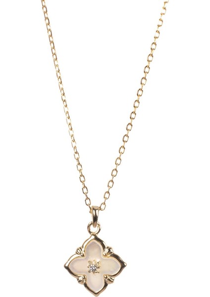 Beyaz Mineli Gold Detaylı Gümüş Kolye NUR-KL00303