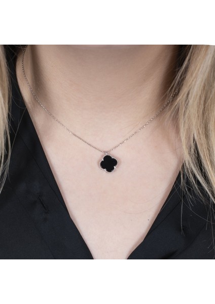 Siyah Yonca Gümüş Kolye NUR-KY03170