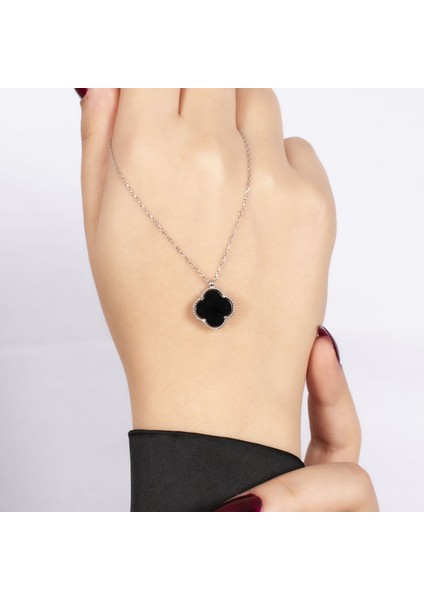 Siyah Yonca Gümüş Kolye NUR-KY03170 modelleri