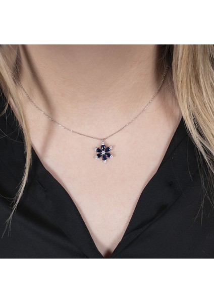 Lacivert Lotus Gümüş Kolye NUR-KY03168