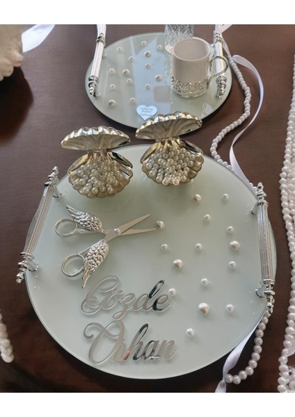 Beloved Gümüş Beyaz Incili Söz Tepsisi Nişan Tepsisi ve Damat Kahve Fincan Tepsi 1 fırsatları