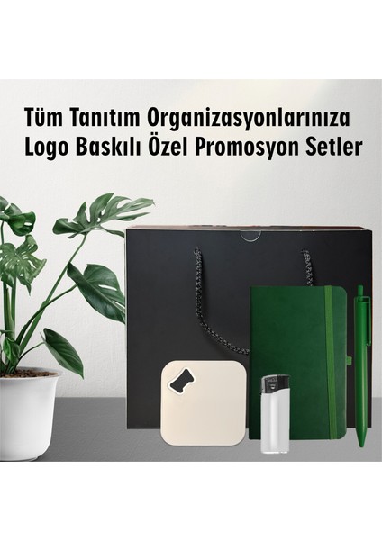 Kurumsal Hediyelik Promosyon Set -Yeşil Set - Promosyon Defter, Kalem, Çakmak, Bardak Altlığı